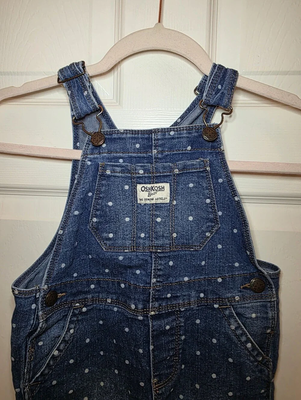 Oshkosh B'gosh 14T Overalls Polka Dot Denim Blue White Snap Bottom Pockets